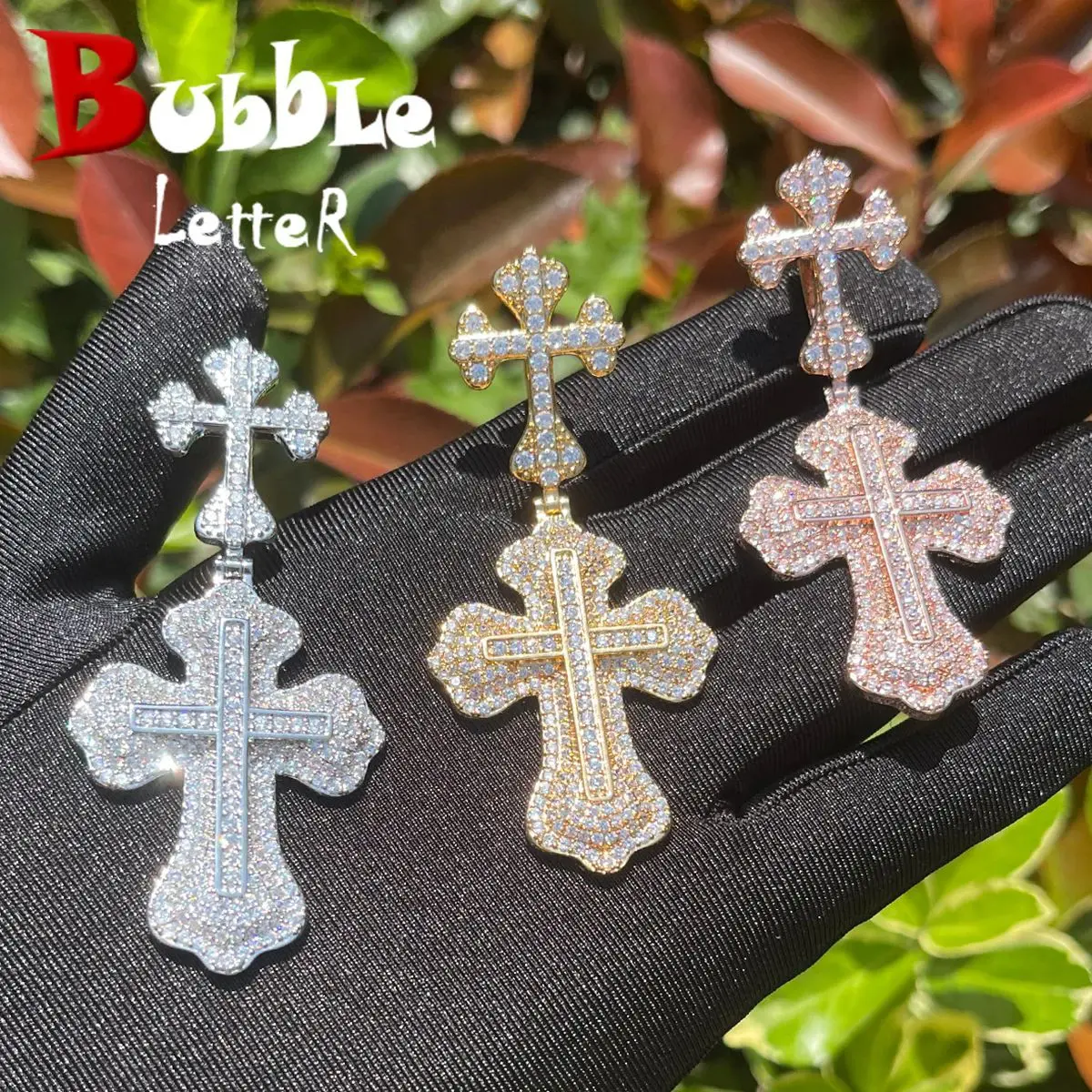 Double Layer Cross Pendant Blinged Out Iced Out Statement Charm for Hip Hop Streetwear Vibe with Sparkling Details