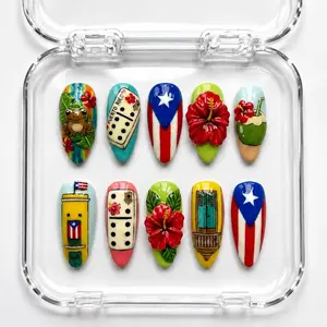 Puerto Rico Flag Inspired Press-On Nails, Vibrant Hand-Painted Glossy Set, 3D Hibiscus, Coqui & Domino Design