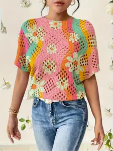 Women's Colorblock Striped Floral Print Round Neck Fitted Sweater, Casual Batwing Short Sleeve Knit Top, Fall Winter Comfortable Warm Clothing, Hollow Out Knit