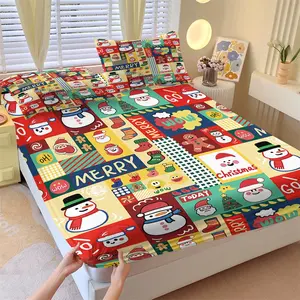 Cute Christmas Snowman Gingerbread Man Socks Candy Candy Pattern fitted sheet, including 1 bed sheet and 2 pillowcases, Comfortable Bedding, Non slip Dust Cover, Suitable for Children and Teenagers' Christmas Bedroom Decoration