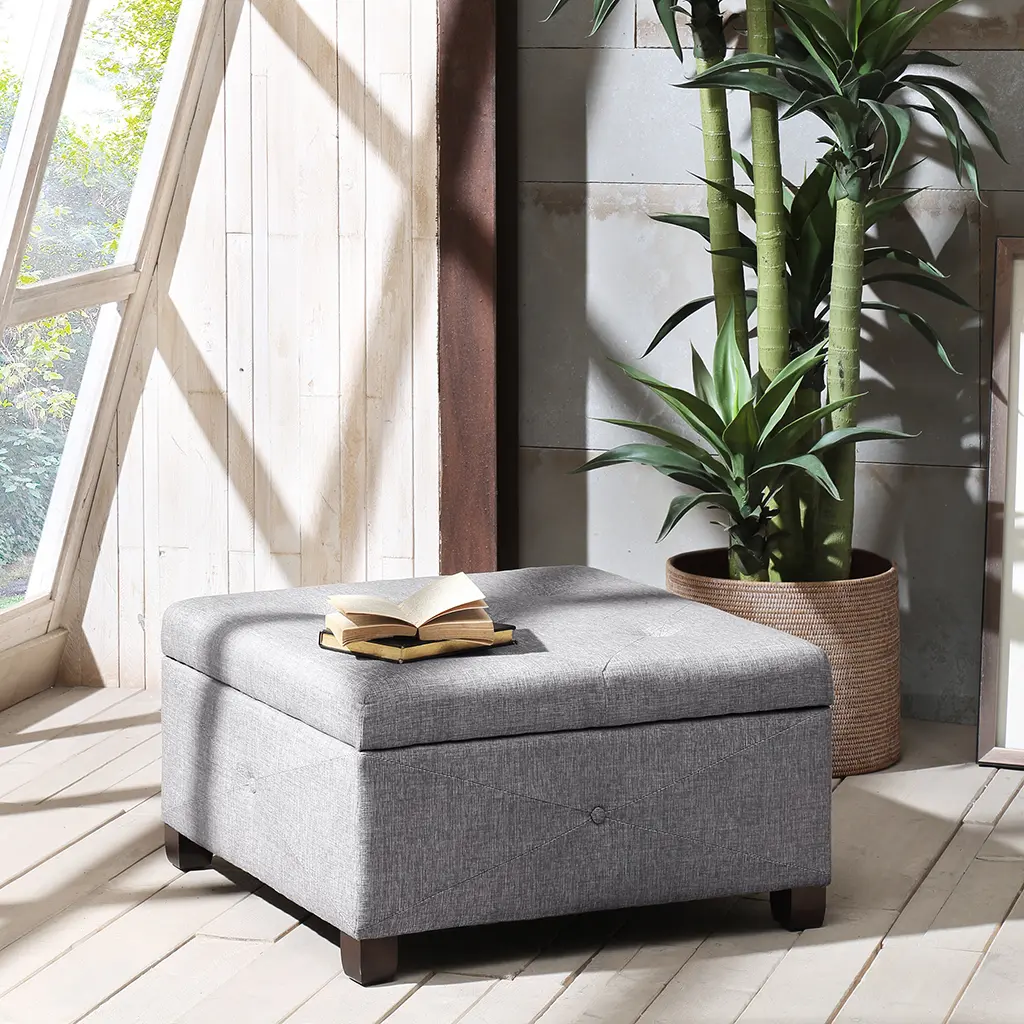 Soft Close Storage Ottoman with Lid, Solid Wood & Plywood Frame, Upholstered Footrest Stool with Hidden Storage, Living Room Bedroom Entryway Organizer, Easy Assembly, Charcoal Polyester, 29.5x29.5x16 Inches