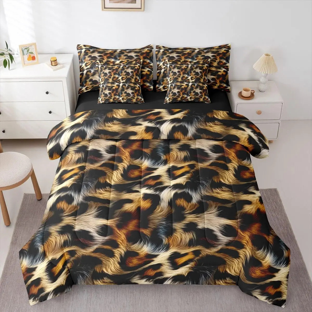 Leopard Print Bedding Set 7 Piece Cheetah Print Bed in A Bag with Sheets Africa Animal Wildlife Pattern Comforter Set Adults,Leopard Fur Bed Sets