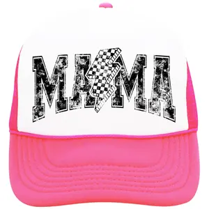 Mama with Checkered Lightning Bolt Trucker Hat - Trendy Adjustable Cap for Mother - Distressed Graphic Snapback for Mom - Pink Blue or Green Hat