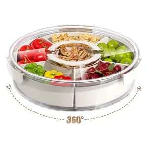 Divided Serving Tray with Lid and Handle, Stackable Snackle Box Container for Fruits Candy Organizer, Portable Spinning Rounded Veggie Tray for Kitchen, Party, Trave and Picnic