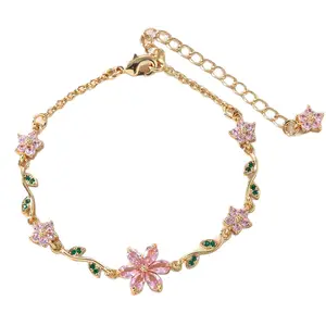 Cute Sweet Bracelet With Flower Bow Green Leaf Cubic Zirconia Link Bracelet for Women Dainty Floral Chain Adjustable Delicate Fashion Trendy Jewelry for Her 8"