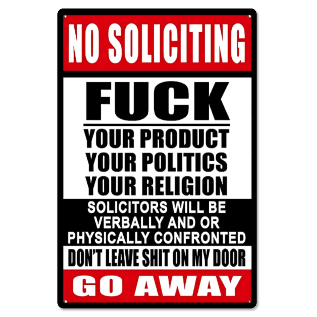 12"x8" Retro Iron Metal Humorous No Soliciting Tin Sign - "F Your Products Go Away Own Risk", Easy Hanging Aluminum Decorative Home Sign for Cabin, Garage Gift