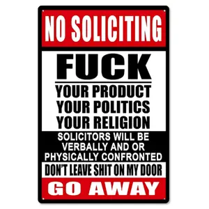 12"x8" Humorous No Soliciting Tin Sign - "F Your Products Go Away Own Risk", Easy Hanging Aluminium Decorative Home Signs for Cabin, Garage, Summerwins Gift,summerwins
