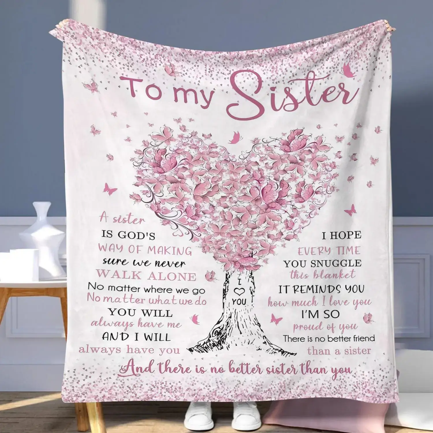 Heartfelt "To My Sister" Letter & Heart Print Plush Throw Blanket | Soft Warming Relaxation Blanket for Bedroom Decor, Napping Blanket for Home, Office & Travel, Cozy Gift for Sister