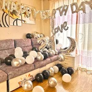 21 Party Balloon Set for Birthday Decorations Black and Gold Balloons with Happy Birthday Banner and LED Lights Perfect for Celebrations Classic Design Lightweight Material