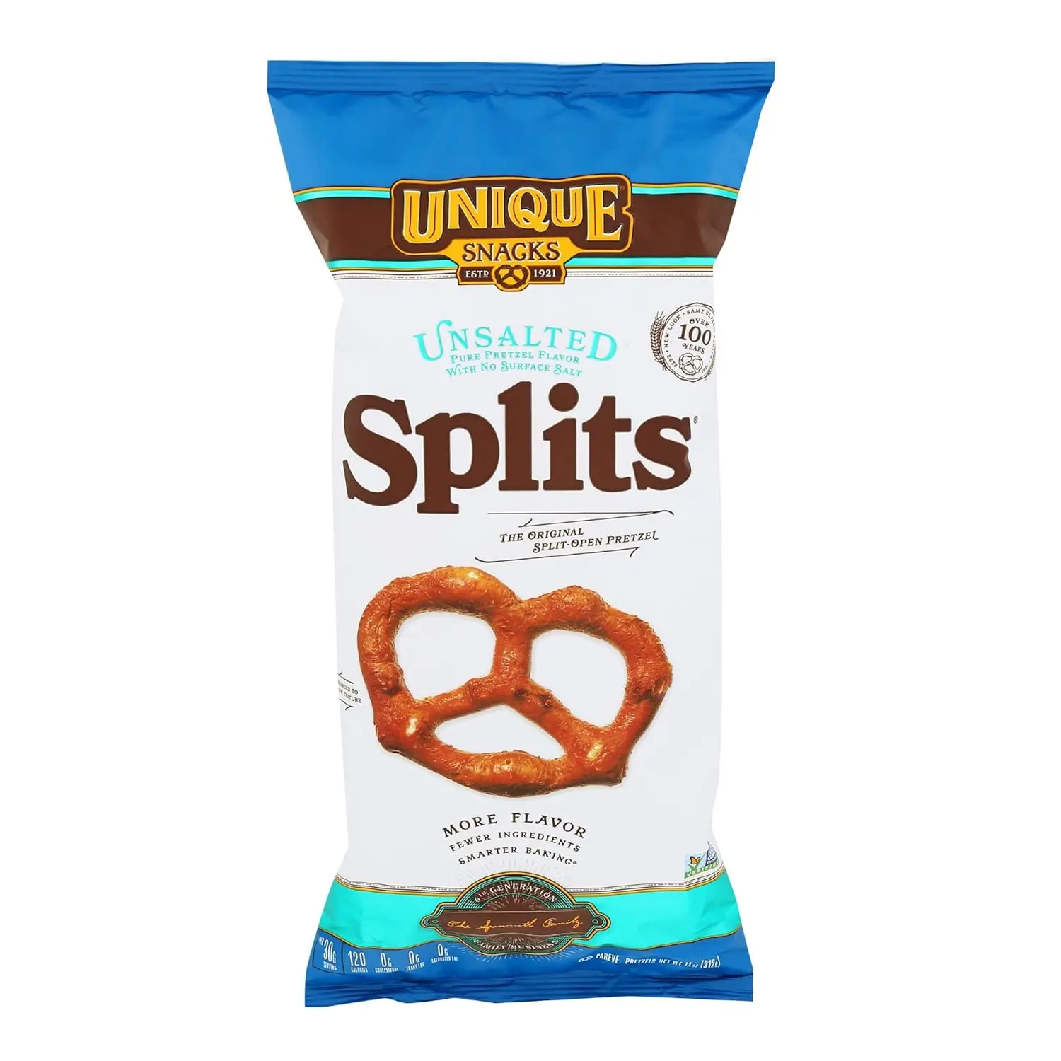 Unique Snacks- Unsalted Splits Pretzels, Homestyle Baked, Certified OU Kosher and non-GMO, 11 oz Bag (6 pack) No artificial flavors 66 Ounce pretzels