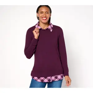 Denim & Co. Heavenly Jersey Solid/Plaid Long Sleeve 2fer Top