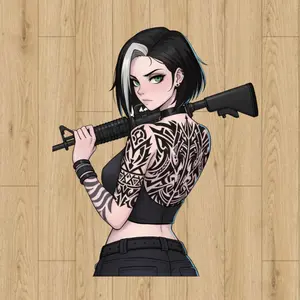 Black and White Short Hair Combat Girl with M4A1 Rifle Sticker – Tactical Anime Vinyl Sticker, Gìt For Anime Fans