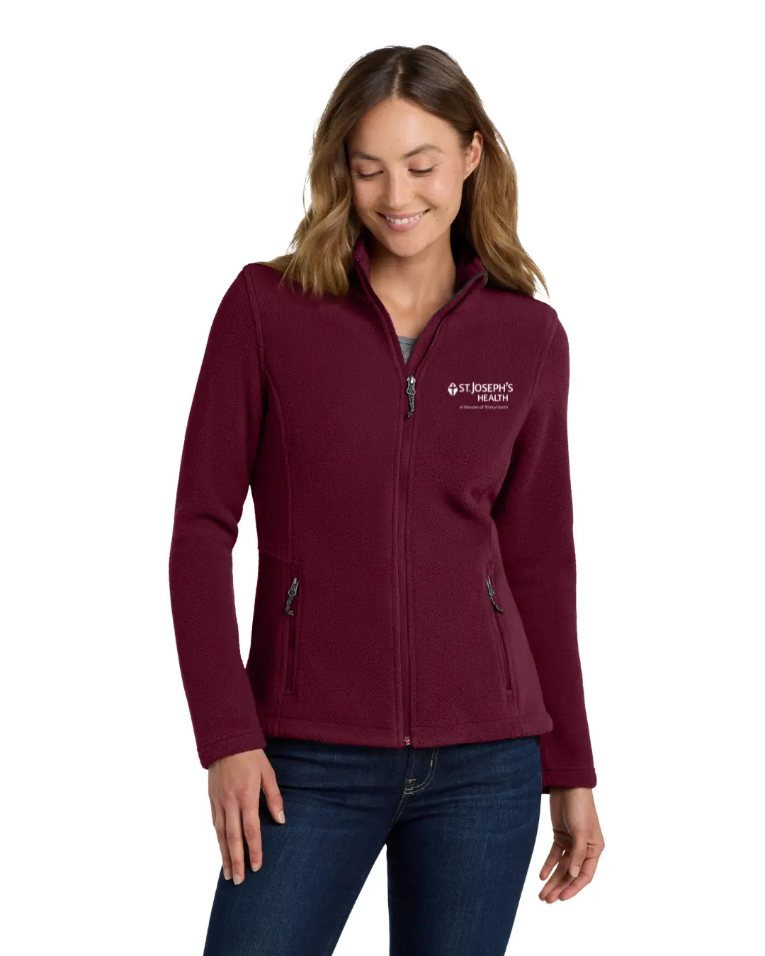Women's Loose-Fitting 8.3-ounce Midweight Low-Pill Embroidered Polyester Fleece Jacket - Outerwear with Front Zippered Pockets, Chin Guard, Adjustable Drawstring Hem, Open Cuffs for Casual Everyday Wear