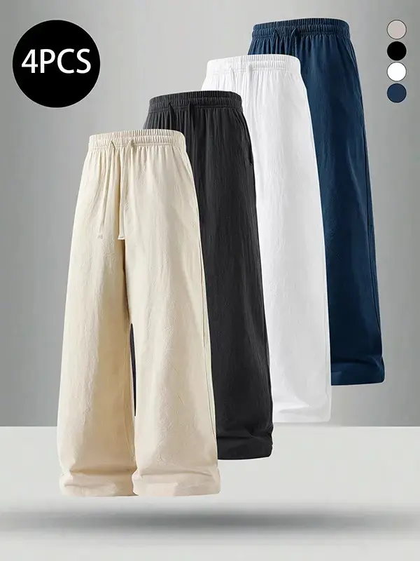 4-Pack Men’s Summer Linen Cotton Straight-Leg Pants – Casual Loose Fit, Versatile Trendy Long Pants for Men