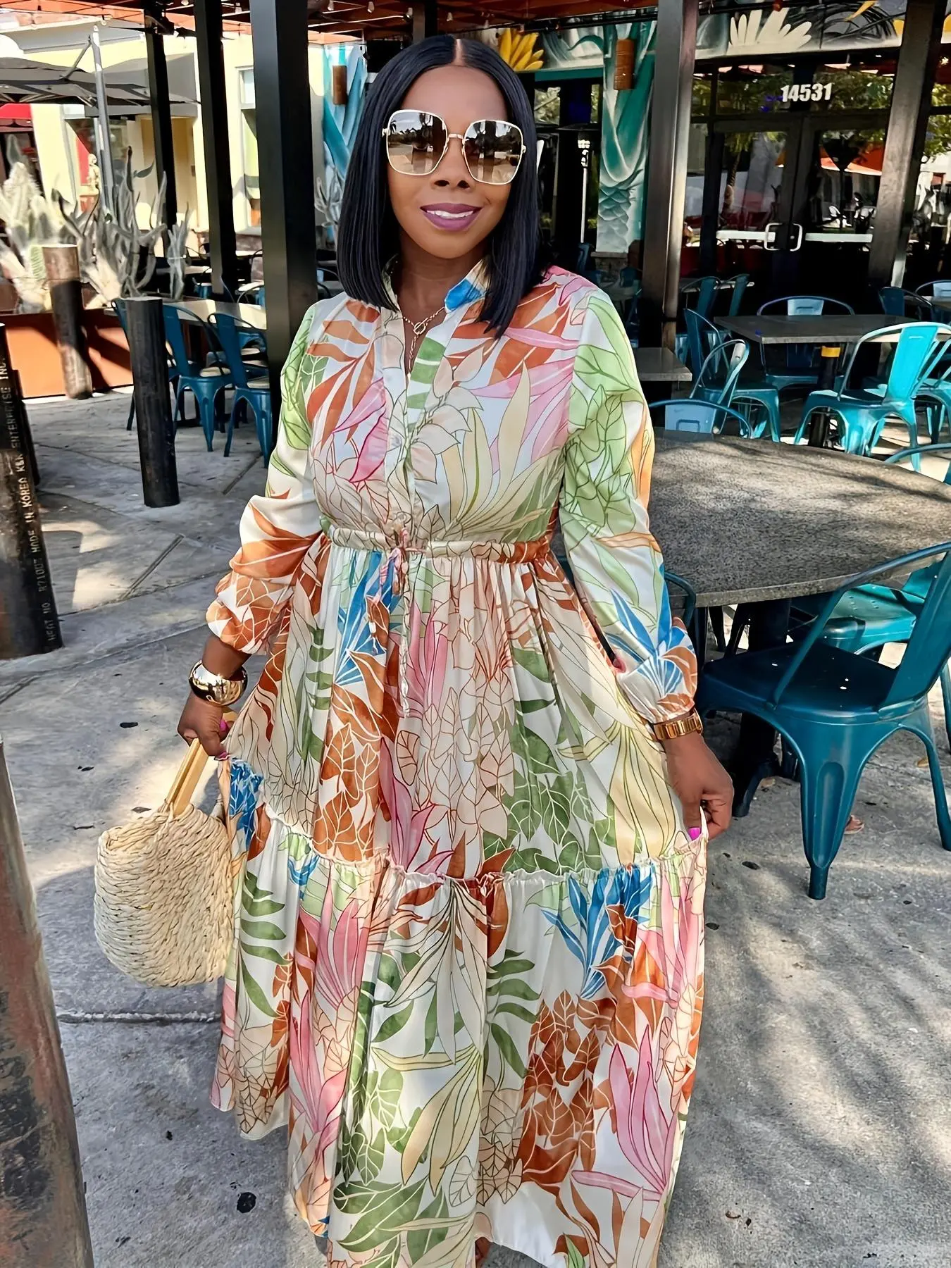 Plus Size Leaf Print Button Tie Front Frill Trim Notched Neck A Line Dress, Bohemian Boho Fashion Bishop Sleeve Dress for Casual Daily Holiday Vacation Summer Wear, Women Plus Clothing for Spring Fall, Long Sleeve