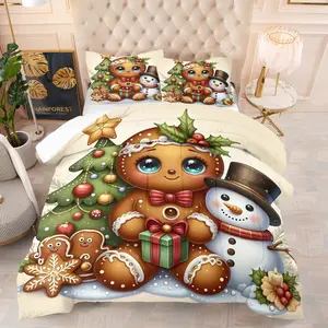Christmas Cute Gingerbread Man Quilt/Comforter Set (2/3 Pcs) Includes 1 Quilt + 1/2 Pillowcases No Filler Hot Cocoa Snowflake Christmas Decor Patterns Family Bedroom Homestay Apartment Room Study for Kids Couples Family Friends Students Young People