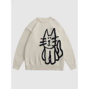 Men’s off-shoulder sweater with a cartoon cat print, loose and casual long-sleeve crewneck pullover for autumn and winter, men’s knitted sweater for everyday wear