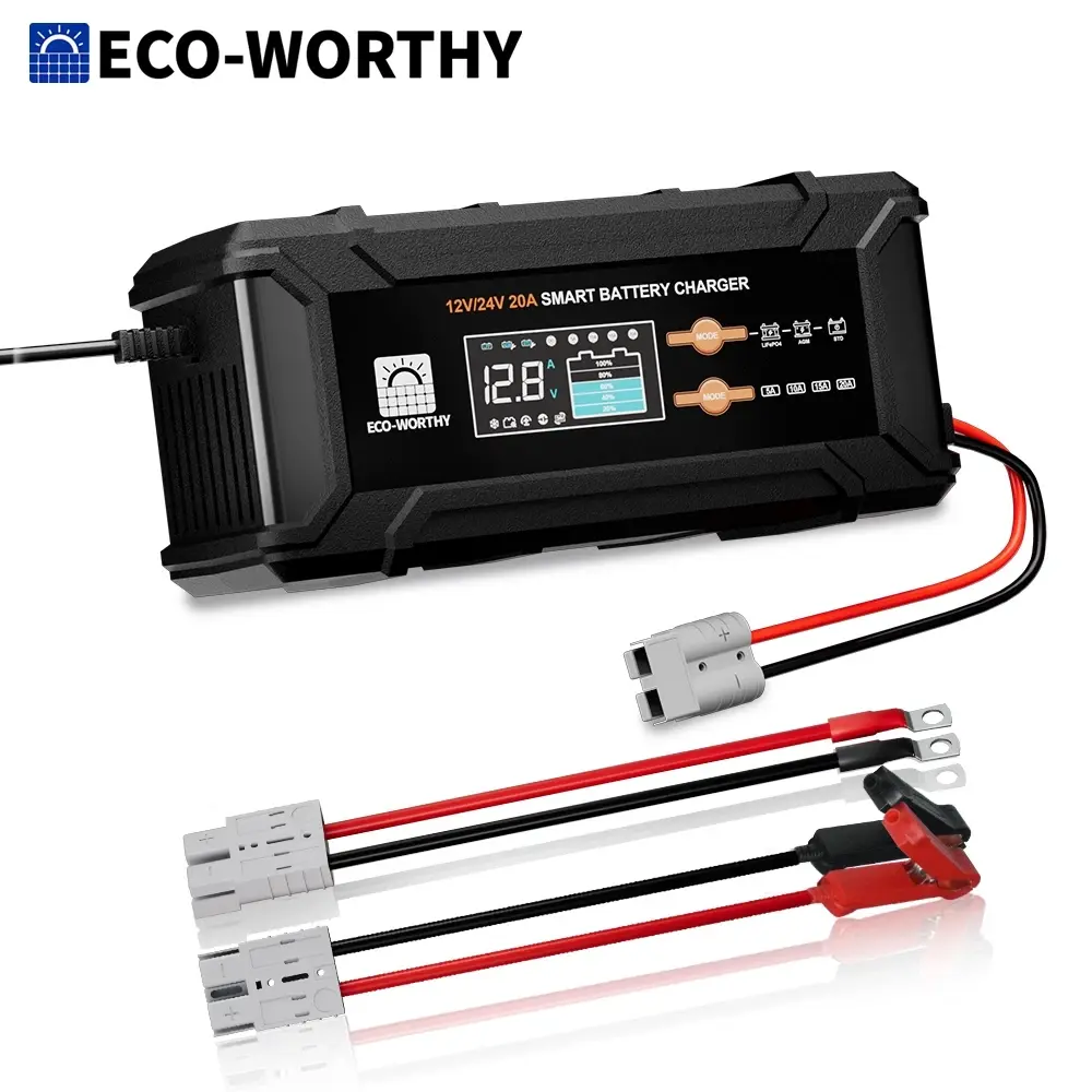 ECO-WORTHY 12V-24V 20A Lithium LiFePO4 Battery Charger with 14.6V Output, LCD Screen, and Overcharge Protection for Home Electrical Power Supplies