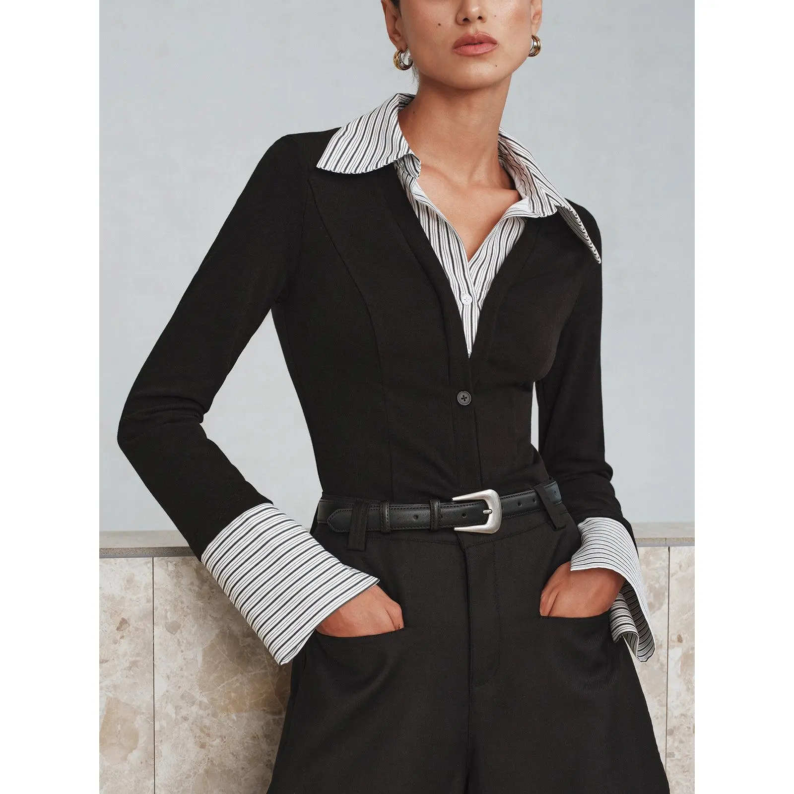 Mock Two-Piece Long-Sleeve Two Tone Polo Top