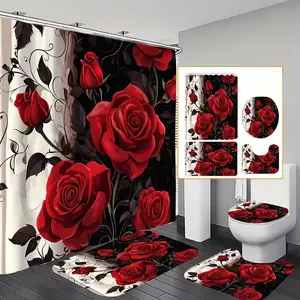 1/4pcs Vintage Valentine's Day Rose Themed Shower Curtain Set, Bathroom Shower Equipment, Bathroom Supplies, including shower curtain, toilet seat cover, rectangular mat, and U-shaped mat, comes with 12 shower curtain hooks