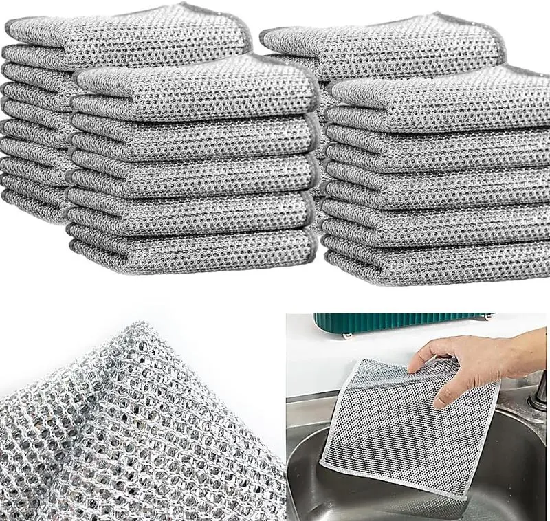Non-scratch Pot and Bowl Single-layer Thickened High-efficiency Silver Thread Cleaning Dishcloth Home Dual-sided Mesh Cloth Steel Wire Quick-drying Dishcloth Super Absorbent Reusable Soft Brushed Microfiber Stain Resistant Washable Kitchen Disposable Pack