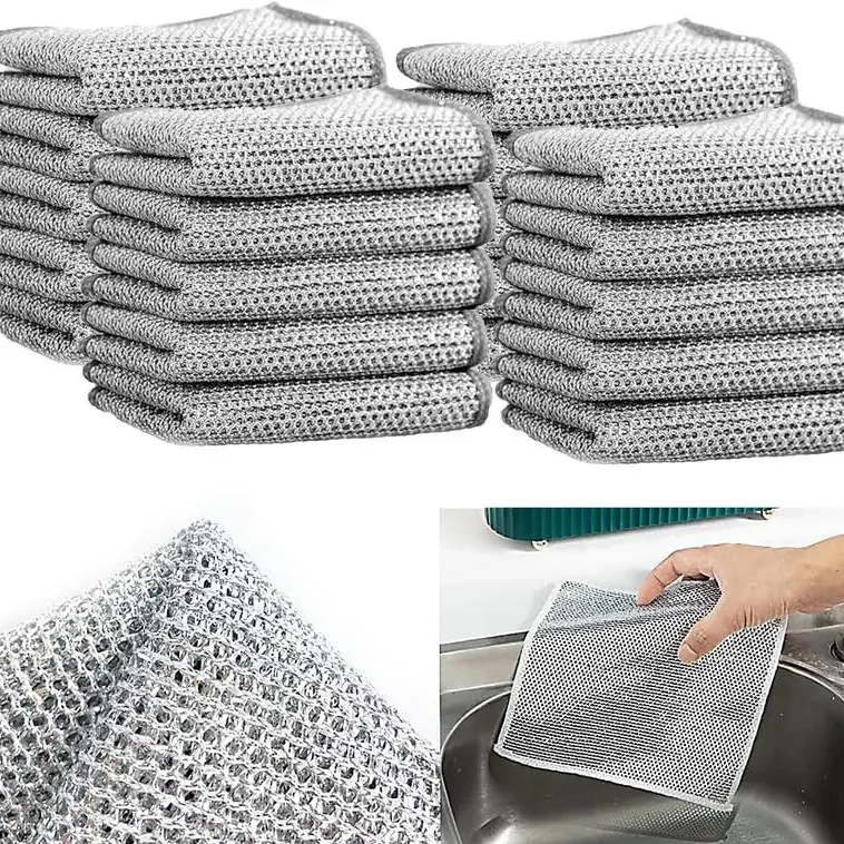 Non-scratch Pot and Bowl Single-layer Thickened High-efficiency Silver Thread Cleaning Dishcloth Home Dual-sided Mesh Cloth Steel Wire Quick-drying Dishcloth Super Absorbent Reusable Soft Brushed Microfiber Stain Resistant Washable Kitchen Disposable Pack