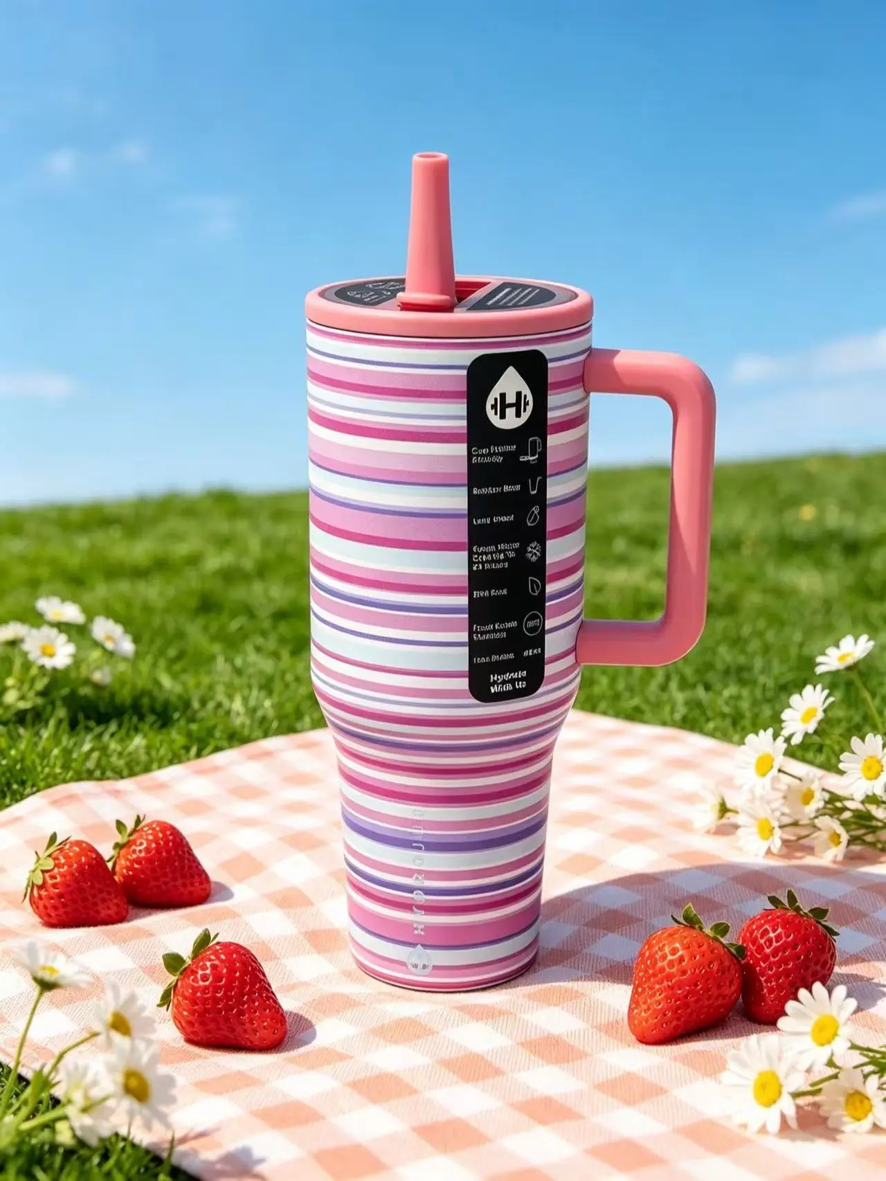 HydroJug 40 oz light pink/purple striped pattern stainless steel travel cup with handle and straw cap, leak-proof design with handle travel cup, can keep cold drink status for 24 hours, suitable for park picnic, outdoor travel and daily beverage storage