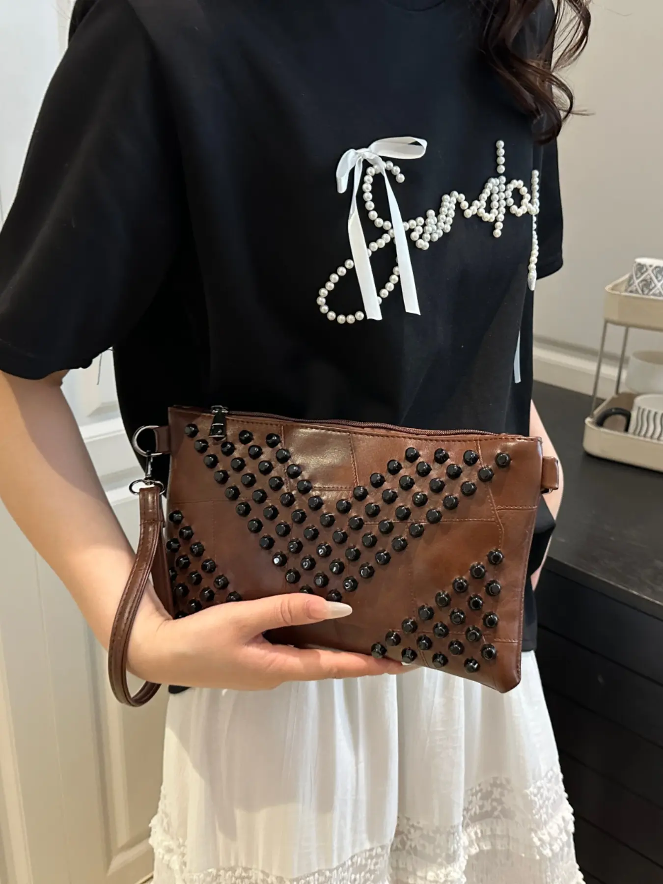 Women's Studded Clutch Bag, Vintage / Faux Leather Crossbody Bag with Detachable Strap, Punk Style Rivet Evening Wrist Bag, Clutches Wristlets, Studded Purse
