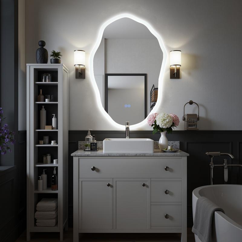 Irregular Shape Frameless Lighted Bathroom Vanity Mirror Backlit Front Lit Dimmable Anti Fog Wall Mounted Modern Design