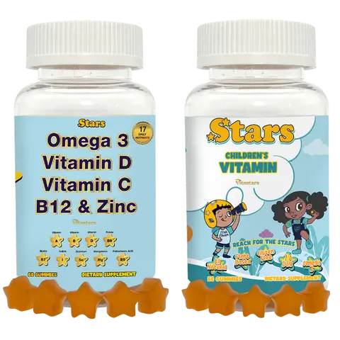 Vitastars Parents & Kids Bundle Stars Multivitamin Gummies for Adults & Kids with Omega 3 Vitamin D C B12 & Zinc Dietary Supplement