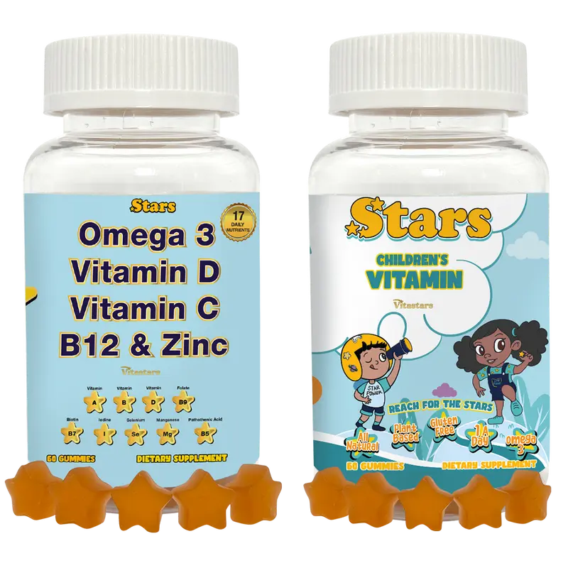 Vitastars Parents & Kids Bundle Stars Multivitamin Gummies for Adults & Kids with Omega 3 Vitamin D C B12 & Zinc Dietary Supplement