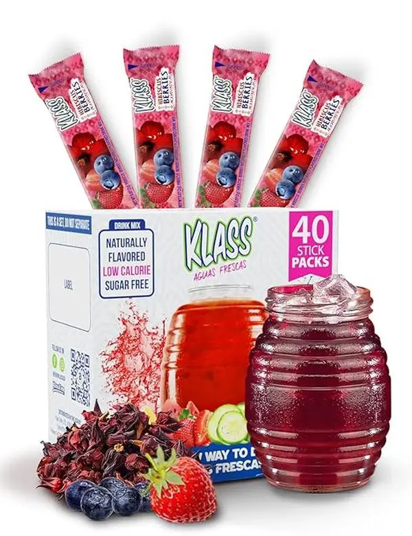 Klass Aguas Frescas Hydration Powder Drink Mix, Hibiscus Berries Flavor, 0 Sugar, Caffeine-Free, 40 Stick Packets for Everyday Hydration