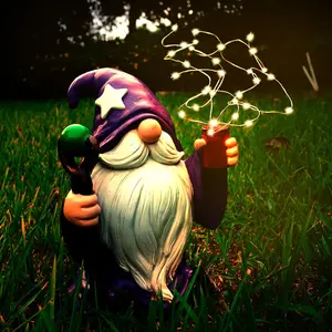 Resin Gnome Statue Outdoor Decor Waterproof Firework Solar LED Lights Gnome Garden Sculpture Decorations for Outside Lawn Patio Yard Ornament Gifts