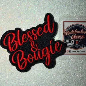 Blessed and Bougie Embroidery Patch Iron-On Applique  for Streetwear Casual Decorative Fabric Patches for Round Neck Clothing, Bags, Hats and more