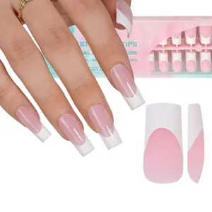 24 pcs French Gel Nail Tips, Long Square Nail Tips, Pre-French Tips Press on Nails Pink, Black Fake Nails for Nail Art DIY 15 Sizes Glossy Finish Home Salon Use