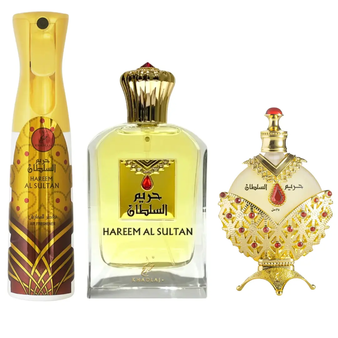 KHADLAJ Hareem Al Sultan Gold Fragrance Multi-Pack Gift Bundle - Alcohol-Free Floral Scents EDP Perfume Fragrance, Concentrated Jasmine Rose Perfume Oil, 10.1oz/300ml Air Freshener, Unisex Beauty & Personal Care Set