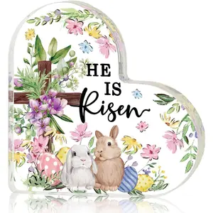 Smile Easter Heart - Shaped Acrylic Plaque, He Is Risen Religious Easter Design with Lamb & Bunny, Birthday Gifts for Girlfriend Boyfriend Husband Wife