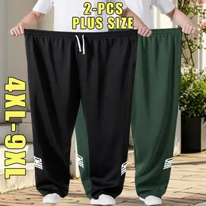 4XL–9XL Men’s Plus Size Loose Casual Straight-Leg Pants — Versatile floor-length pants that look slimming and add height; comfortable, breathable long pants with an elastic waistband and adjustable drawstring; suitable for everyday wear and casual outings