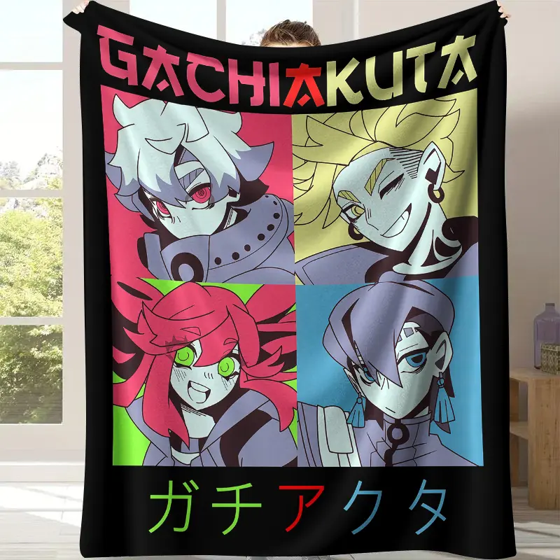 Gachiakuta 4 Main Cast Quad Pop Art Flannel Throw Blanket, Solid Black Background with 4-Color Block Character Grid Gradient Title, Soft Fleece, Indie Seinen Manga Teen Bedroom Decor & Fan All-Season Gift