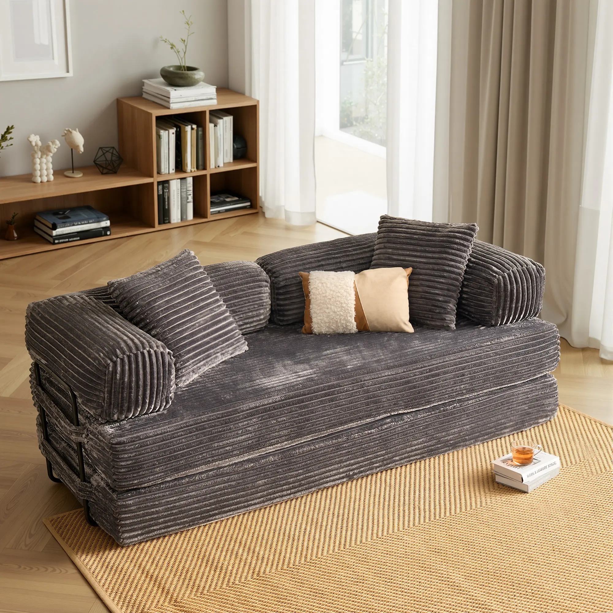 XIZZI 81" L Shaped Sectional Sofa Bed, Modern Minimalist, High-Quality Convertible Corduroy Loveseat Sleeper, Ergonomic Foam, No Assembly, Living Room Furniture
