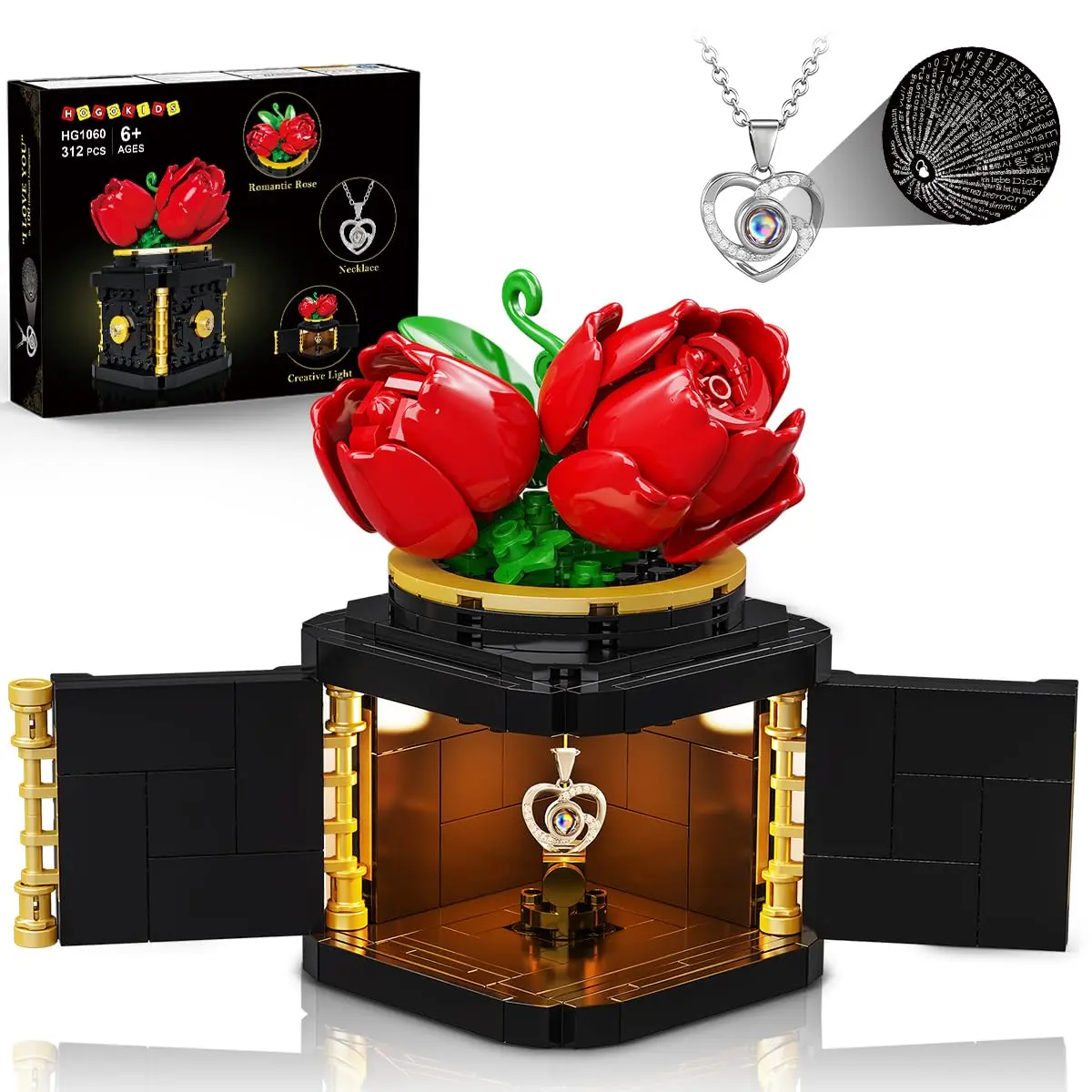HOGOKIDS Flower Box Building Set - 312 PCS with LED Light, Heart Necklace, Preserved Roses, Romantic Mothers Day Gift for Her, Home Decor for Special Occasions