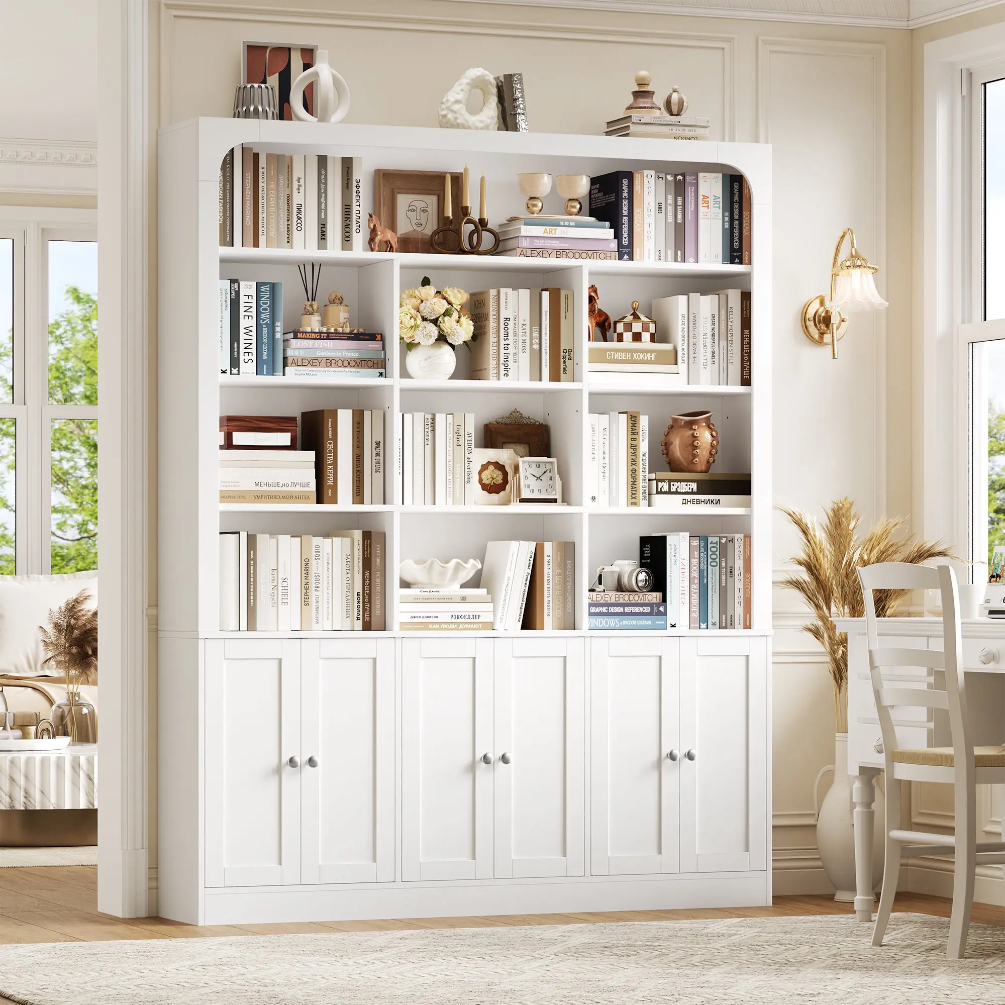 FOTOSOK 71" H 6-Tier Tall Bookshelf with 10 Open Cubes, Modern Bookcase with 6 Doors, 56" Wide Large Display Bookshelf with Storage Cabinet, for Living Room, Home Office, White
