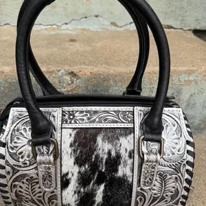 Leather Speedy Handbag with Black Handles and Silver Floral Embroidery