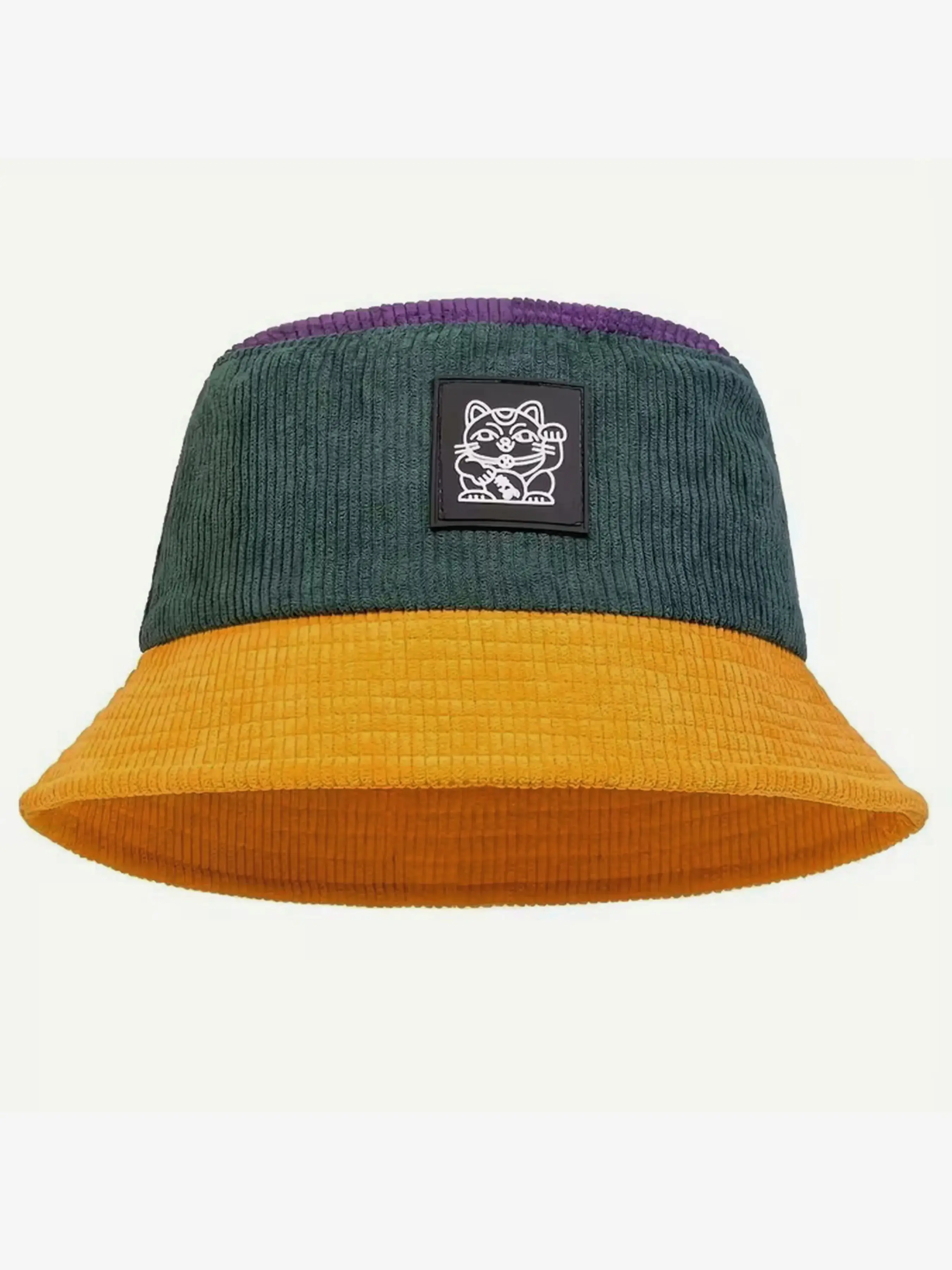 Lucky Cat Faux Fur Fisherman Hat, Striped Elegant Design, Unisex Streetwear Accessory, All-Season Sunhat, Retro Block Color Pattern, Summer Hat