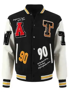 Men's Black Baseball Jacket Coats Casual Fashion Loose High-End Embroidered #90 Button-Up Patchwork white PU Long Sleeve College Style Sports Streetwear