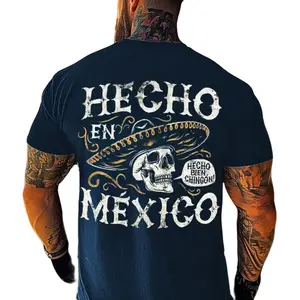 Men's Heavyweight Cotton Round Neck T-Shirt - Menswear Fabric Casual Top, Unisex Mexican Heritage Digital Print Sugar Skull, Hecho En Mexico Sombrero Aesthetic Streetwear