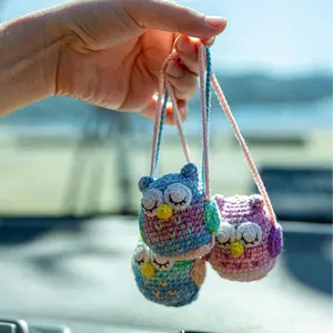 Loppy Puff - Crochet Owl Car Charm: Swinging Car Mirror Ornament, Handmade Cotton