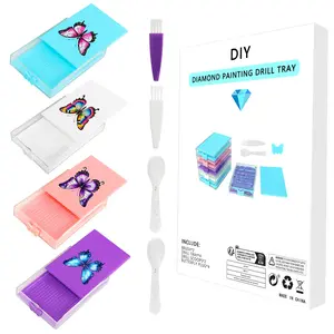 4Pcs Diamond Painting Tray Diamond Painting Beads Sorting Tray with Lid Rhinestone Organizer Plate with Sppon & Brush for Adults