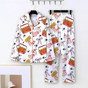 Women Coquette Chicken Nuggets Short Sleeve Satin Pajama Set, Pajama Nightwear Set for Her Women Coquette Chicken