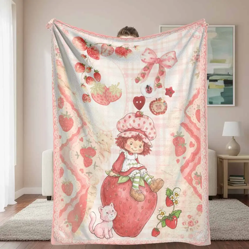 Strawberry Cottagecore Flannel Blanket Pink Lace Bow Cat Floral Plaid Print Soft Cozy Lightweight Warm Throw for Sofa Bed Reading Nook Picnic Tea Party Birthday Gift